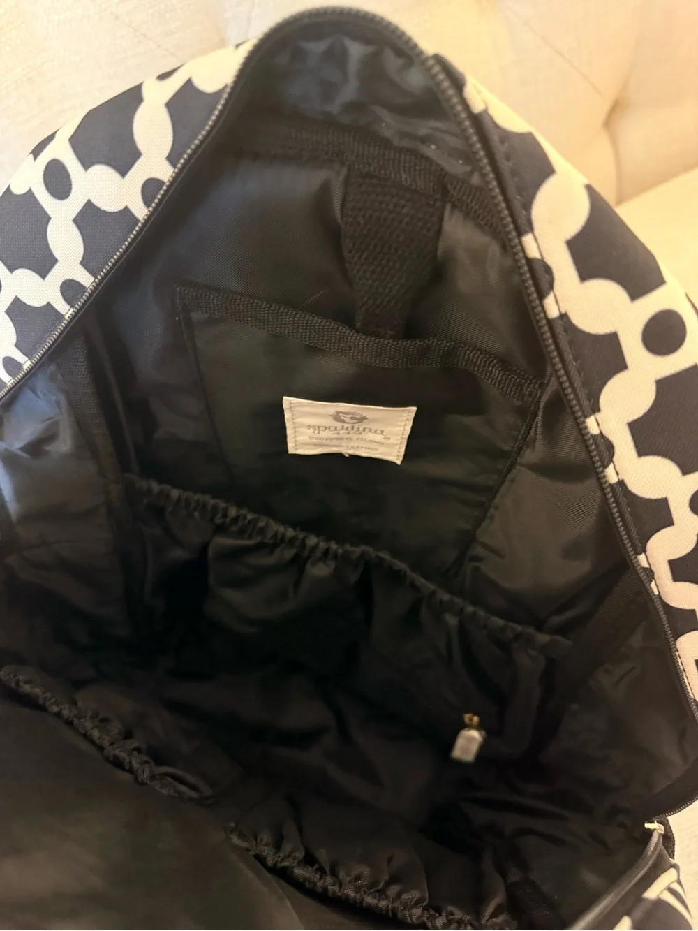Spartina 449 Black and White Geometric Tennis Backpack with Gold Accents